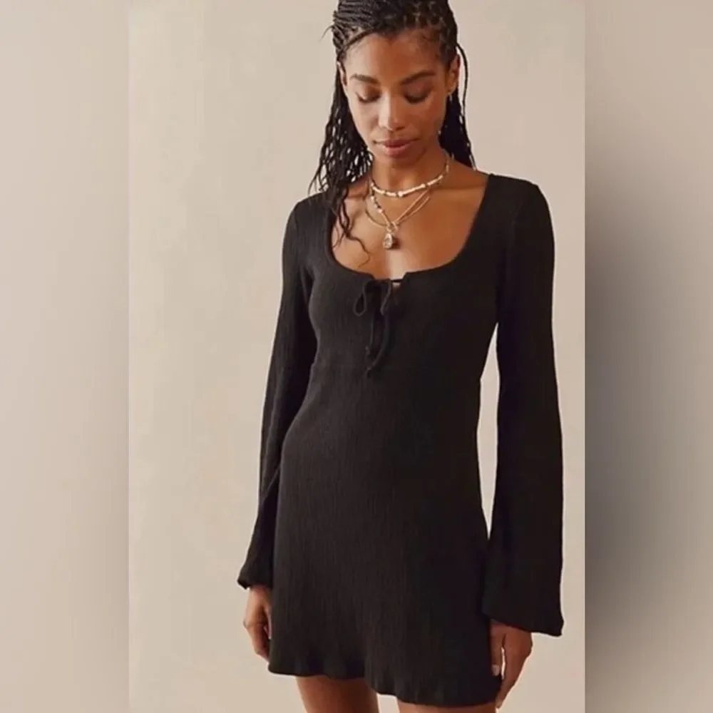 Free People Beach Brynne Black Mini Dress Medium Bell Sleeves Tie Front